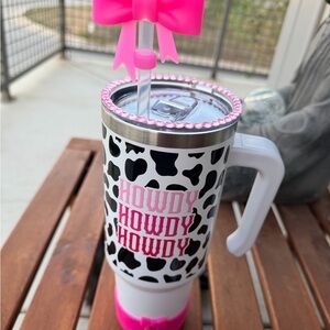 Howdy Howdy Howdy Cow Print Travel Tumbler with Pink Accents